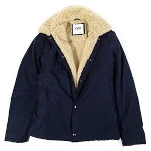 NEW Zara Premium Sherpa Fur Jacket Button Down Deck Coat Navy Small Gorpcore